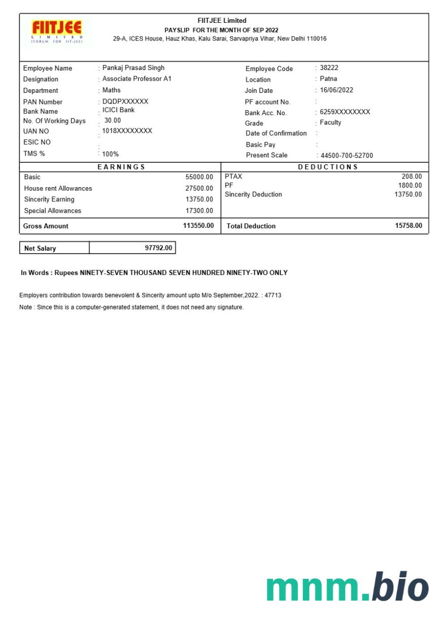 Szablon odcinka wypłaty FIITJEE education center w formatach Word i PDF